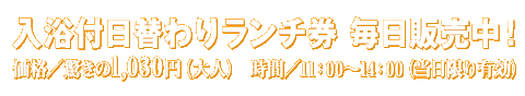 入浴付日替わりランチ券 毎日販売中! 価格/驚きの1,000円(大人) 時間/11:00〜14:00(当日限り有効)